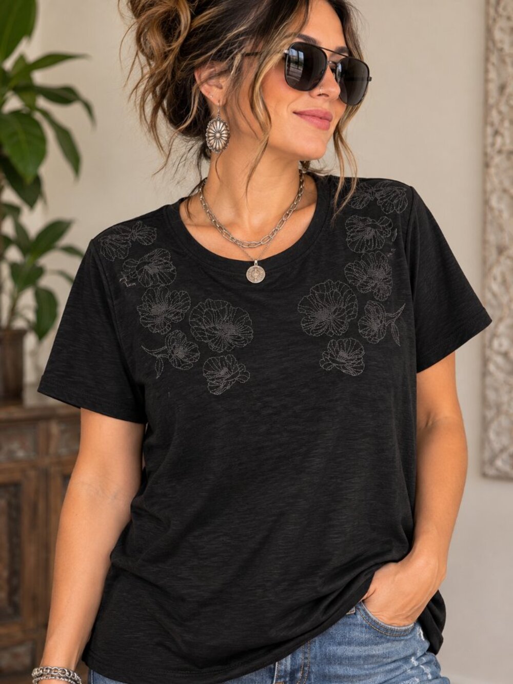 Ella Moss Women’s XXL Black Floral Embroidered Slub Tee NWT